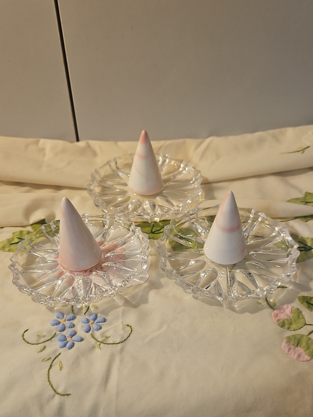 Upcycled 3 Set Crystal/Ceramic Pink Swirl Ring Holders 4"